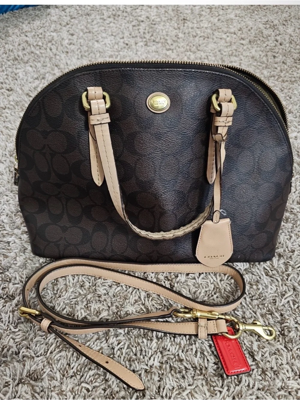 Coach Brown Signature Dome Satchel with Tan Trim and Red Tag